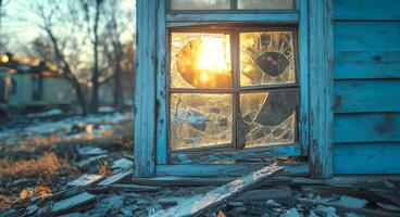 Broken window shows sunset glow. Sunlight filters through a shattered window, illuminating debris outside while casting shadows in a forgotten space. photo