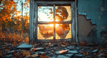 Sunset through a ruined window. Golden sunlight filters through a shattered window frame, illuminating scattered debris and autumn leaves. photo