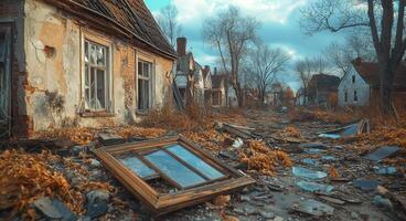 Abandoned houses in a desolate village. Overgrown vegetation surrounds crumbling houses and debris in a deserted village during cloudy daylight. photo