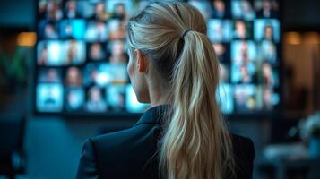 Watching a virtual conference. A woman views a large display filled with various faces during a virtual meeting in a modern workspace. photo