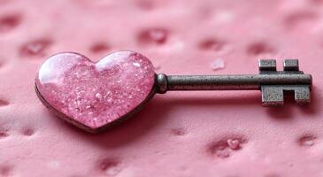Heart-shaped key resting on pink surface. A heart-shaped key made of shiny pink material lies atop a textured pink background, creating a whimsical atmosphere. photo