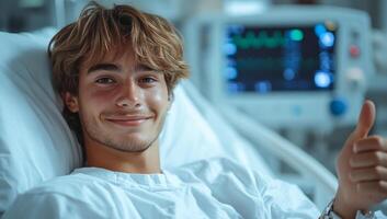 Grinning man gives thumbs up. A young man lying in a hospital bed smiles and gives a thumbs up in a room with medical equipment in the background. photo