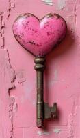 Heart-shaped key against pink background. A heart-shaped key in vibrant pink rests against a textured pink surface, showcasing its unique design and charm. photo