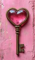 Heart-shaped key resting on pink surface. A heart-shaped key made of metal with a pink glass inset sits on a textured pink background, creating a romantic feel. photo