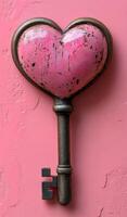 Heart-shaped key on pink bg. A heart-shaped key in shades of pink rests against a textured pink wall, showcasing its intricate details. photo