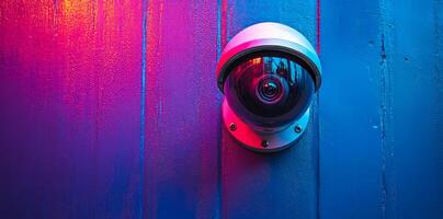 Security camera mounted on blue wall. A round security camera is mounted on a vibrant blue wall, illuminated by colorful lighting at night. photo