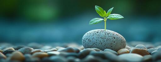 Seedling sprouts on a stone. A small green seedling emerges from a smooth stone, set against a blurred natural background, showcasing resilience. photo
