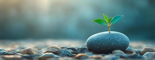 Sprout from stone in calm scene. A small sprout with green leaves grows from a smooth stone amidst pebbles, symbolizing resilience and new beginnings. photo