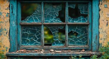 Broken window on a rustic building. The broken window of an old building shows a weathered frame and shattered glass pieces surrounded by vibrant greenery. photo