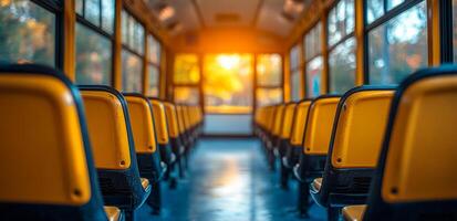 Sunset light fills empty bus interior. Soft sunlight pours through windows of an empty bus, highlighting the yellow seats and creating a warm atmosphere. photo