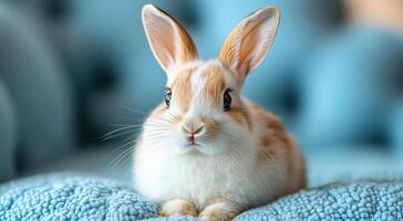 Cute bunny resting on soft blue surface. A small rabbit with light brown and white fur relaxes on a fluffy blue surface, exuding calmness and cuteness. photo