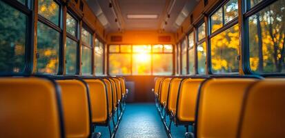 Warm sunset lights empty bus. Sunlight streams through the windows of an empty bus, highlighting the vibrant yellow seats during sunset. photo