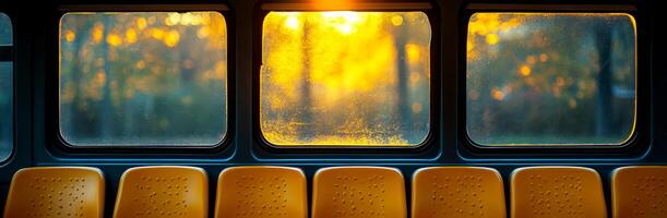 Sunset view from a bus window in autumn. Warm sunlight filters through a bus window, illuminating the seats and creating a cozy autumn atmosphere. photo