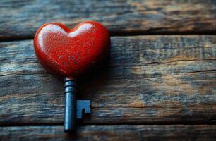 Heart-shaped key on wooden surface. A vibrant heart-shaped key rests on an aged wooden table, symbolizing love and connection in a cozy setting. photo