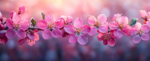 Spring garden with pink blooms. Vibrant pink flowers bloom on branches, capturing the essence of spring in a lush garden setting. photo