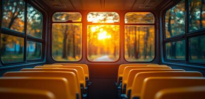 Warm sunset viewed from empty bus seats. Bright orange sunset shines through bus windows, illuminating empty yellow seats in a tranquil forest setting. photo