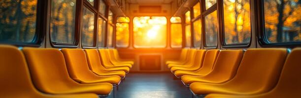 Sunset light fills empty bus. Sunlight streams through windows of an empty bus, creating a warm and inviting atmosphere with vibrant orange hues. photo