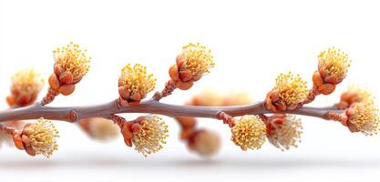 Spring branches show tiny blooms. Delicate branches adorned with small yellow and orange flowers symbolize the arrival of spring in nature's cycle. photo