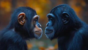 Two chimps interact playfully. Two chimpanzees face each other with curious expressions during a calm moment in their natural habitat. photo