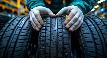 Tech checks new tires in stock. A technician inspects tire tread in a vehicle warehouse during the day, ensuring quality standards. photo
