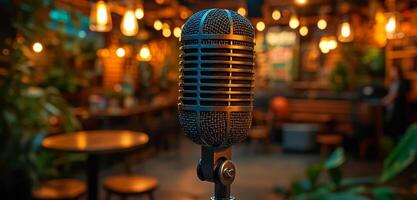 Mic ready for evening shows. A vintage microphone shines in a cozy cafe, warm lighting and greenery create a perfect performance spot. photo