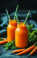 Fresh carrot juice in bottles. Two bottles of bright orange carrot juice are placed next to fresh carrots and mint leaves on a dark surface. photo