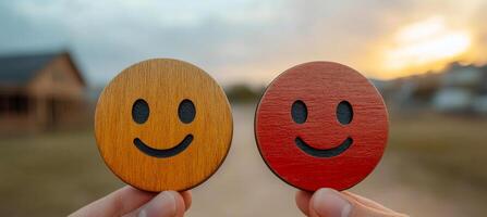 Smiling wooden tokens held at sunset. Two wooden smiley tokens are held up against a colorful sunset with a blurred landscape in the background. photo