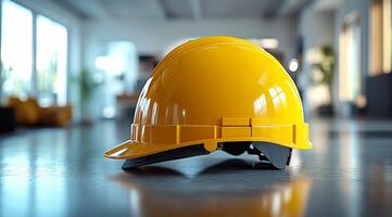 Yellow helmet on the table. A bright yellow construction helmet rests on a modern table in a well-lit workspace, symbolizing safety and design. photo