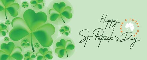 st. patrick's day banner with clover leaves and elegant typography on light green background, festive irish holiday celebration template vector