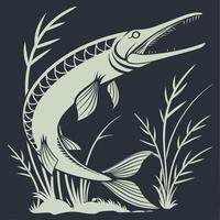 A Alligator Gar fish with long teeth and a long tail in the grass vector