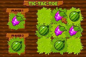 Board game TIC-TAC-TOE. Farm themed wit watermelon and grape players . Ground background with grass. Zero and crosses grid. Board logic game for your game development UI vector