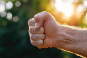Hand clenched in a fist against a backdrop of sunlight filtering through trees during a warm afternoon photo