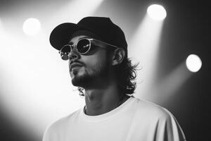 Young man in sunglasses enjoying the spotlight at a lively performance in urban setting during nighttime photo