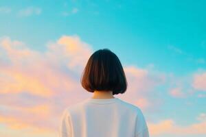 Young person gazing at a colorful sky during sunset, embracing a moment of reflection and tranquility photo