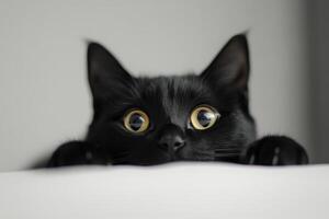Curious black cat peeking over a white surface with wide eyes in a cozy indoor setting photo
