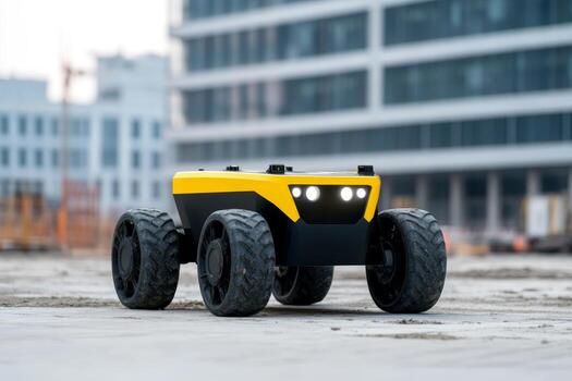 Robot with four wheels navigates an urban construction site in daylight photo