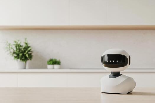 Modern home robot on a wooden table in a minimalist kitchen setting with plants in the background photo