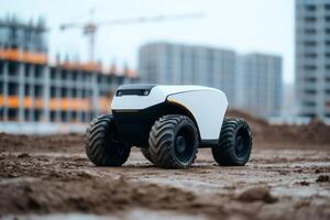 Robot vehicle operates on construction site with futuristic design and rugged tires photo