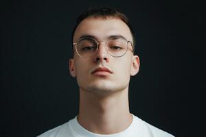 Young man with glasses poses against a dark background showcasing a confident expression during a fashion shoot photo