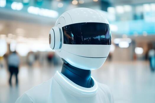 Futuristic robot mannequin stands in busy shopping mall setting with shoppers in the background photo