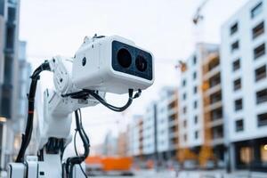 Robotic arm with advanced sensors positioned at a construction site in a modern urban setting during the day photo