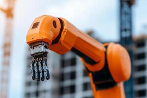 A bright orange robotic arm with a sophisticated gripper is actively engaged in tasks at a construction site. Scaffolding and structures rise in the background under clear sky. photo