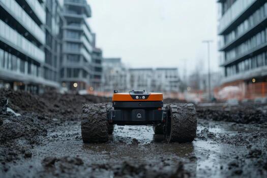 Remote-controlled robot navigates muddy construction site in urban area during overcast weather photo