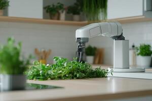 Smart kitchen robot tending to a herb garden in a modern home setting around midday photo