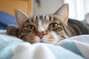 Cat lounging calmly on a cozy blanket in a bedroom during daylight, showcasing its expressive green eyes and relaxed demeanor photo