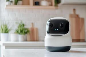 Smart assistant robot standing on kitchen counter, designed for home automation and daily tasks photo