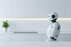 Robot sits quietly in modern kitchen surrounded by minimalist design and greenery photo