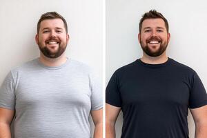 Man showcases impressive weight loss transformation with clear smile, standing against a neutral background photo