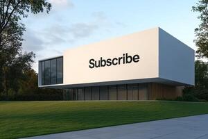Modern building with large subscribe sign surrounded by green grass and trees in the evening light, Real estate by subscription photo