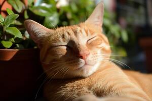 Cat relaxing in sunlight with greenery in background on a warm day photo